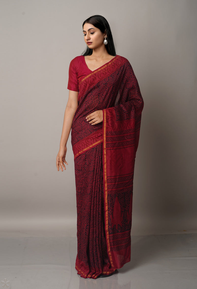 Maroon Pure Chanderi Bagh Printed Cotton Saree-UNM66741