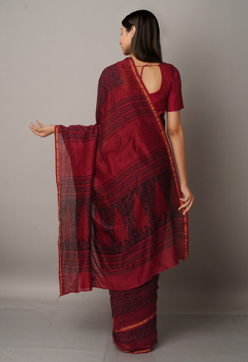 Maroon Pure Chanderi Bagh Printed Cotton Saree-UNM66741
