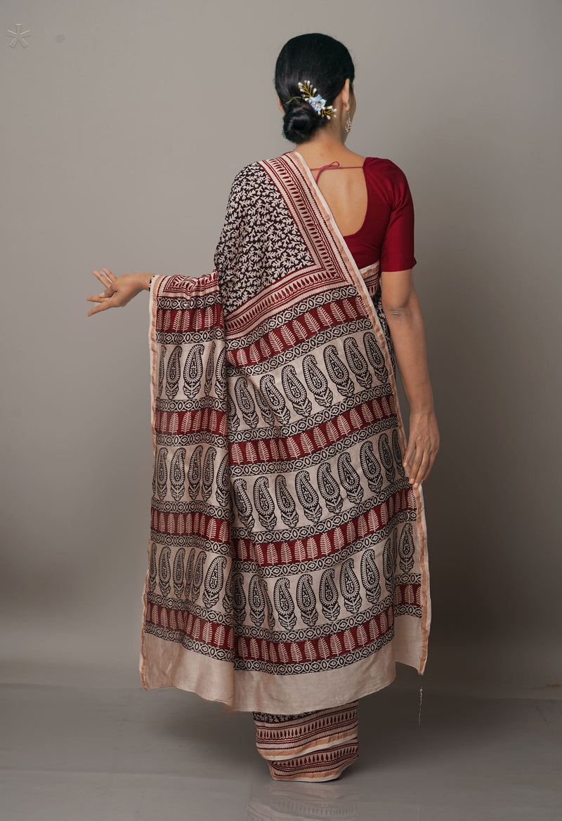 Beige Pure Chanderi Bagh Printed Cotton Saree-UNM66743