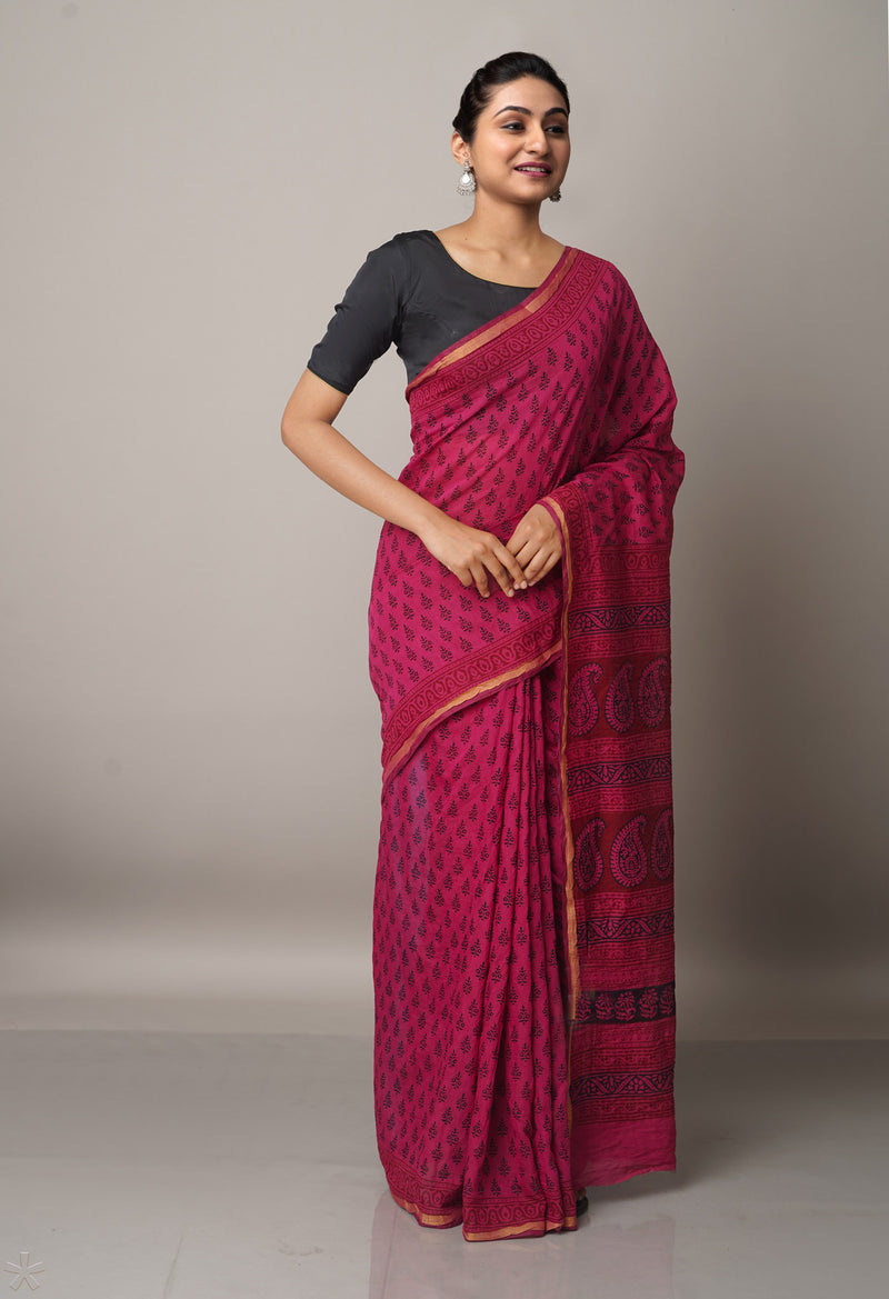 Pink  Art Chanderi Bagh Printed Cotton Saree-UNM66748