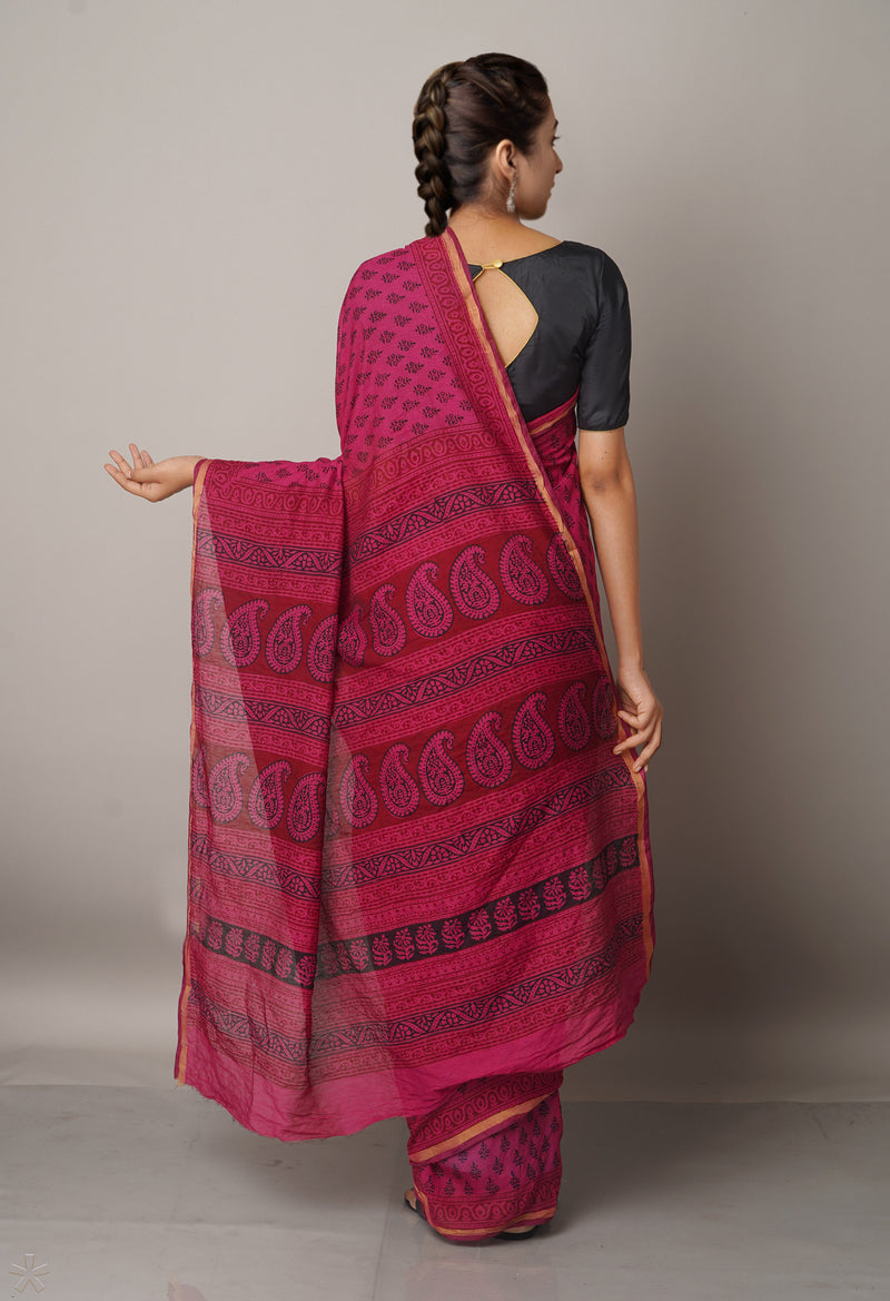 Pink  Art Chanderi Bagh Printed Cotton Saree-UNM66748