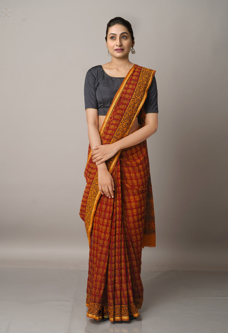 Maroon  Art Chanderi Bagh Printed Cotton Saree-UNM66759