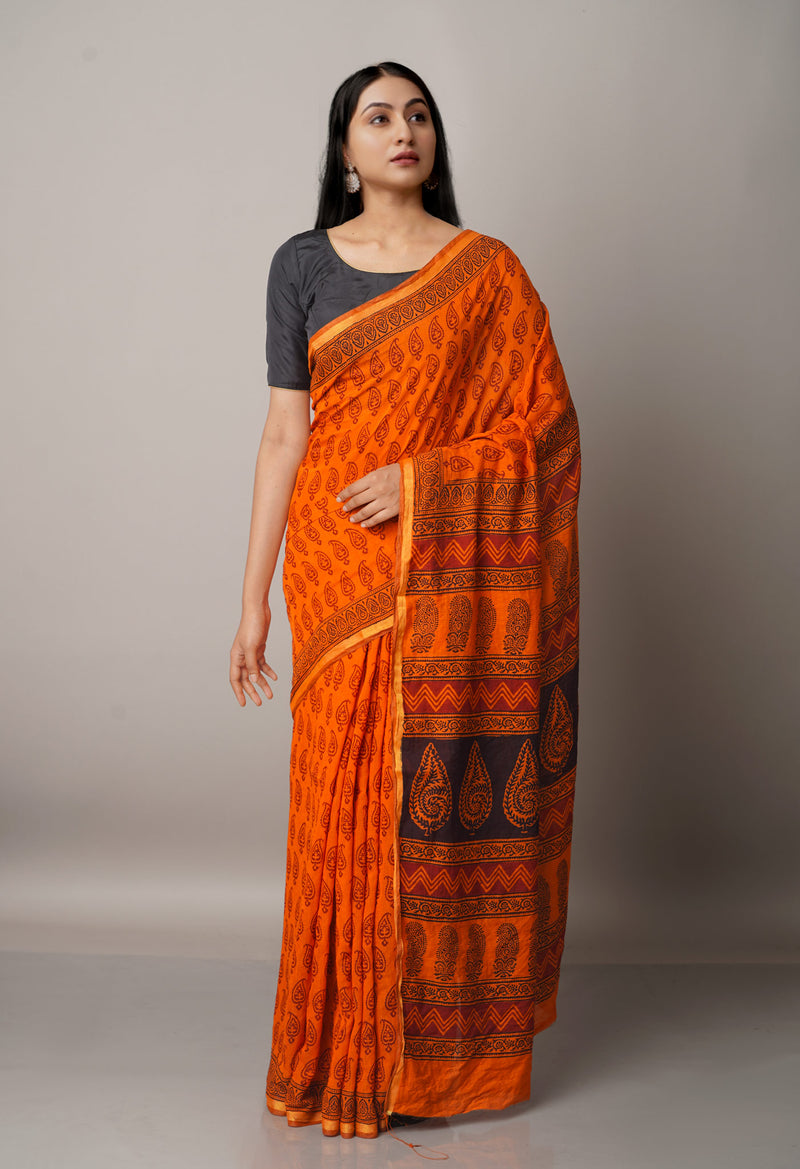 Orange  Art Chanderi Bagh Printed Cotton Saree-UNM66775