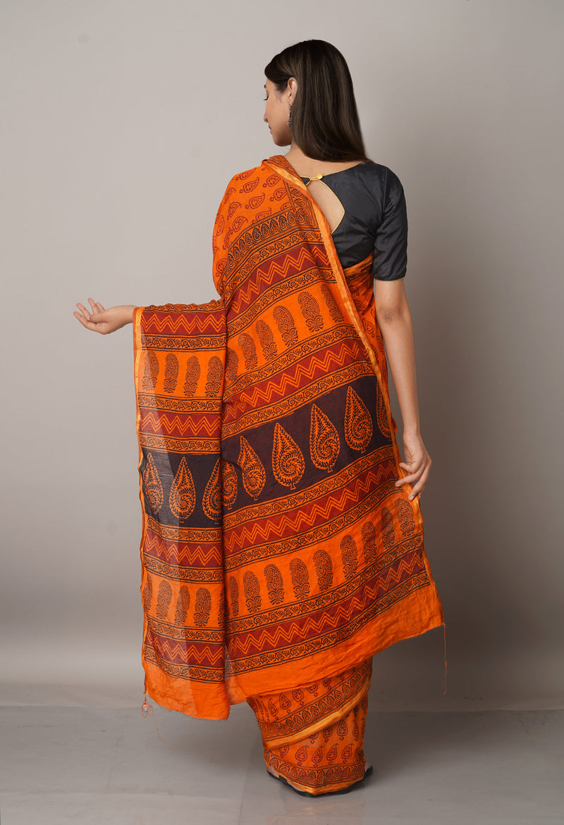 Orange  Art Chanderi Bagh Printed Cotton Saree-UNM66775