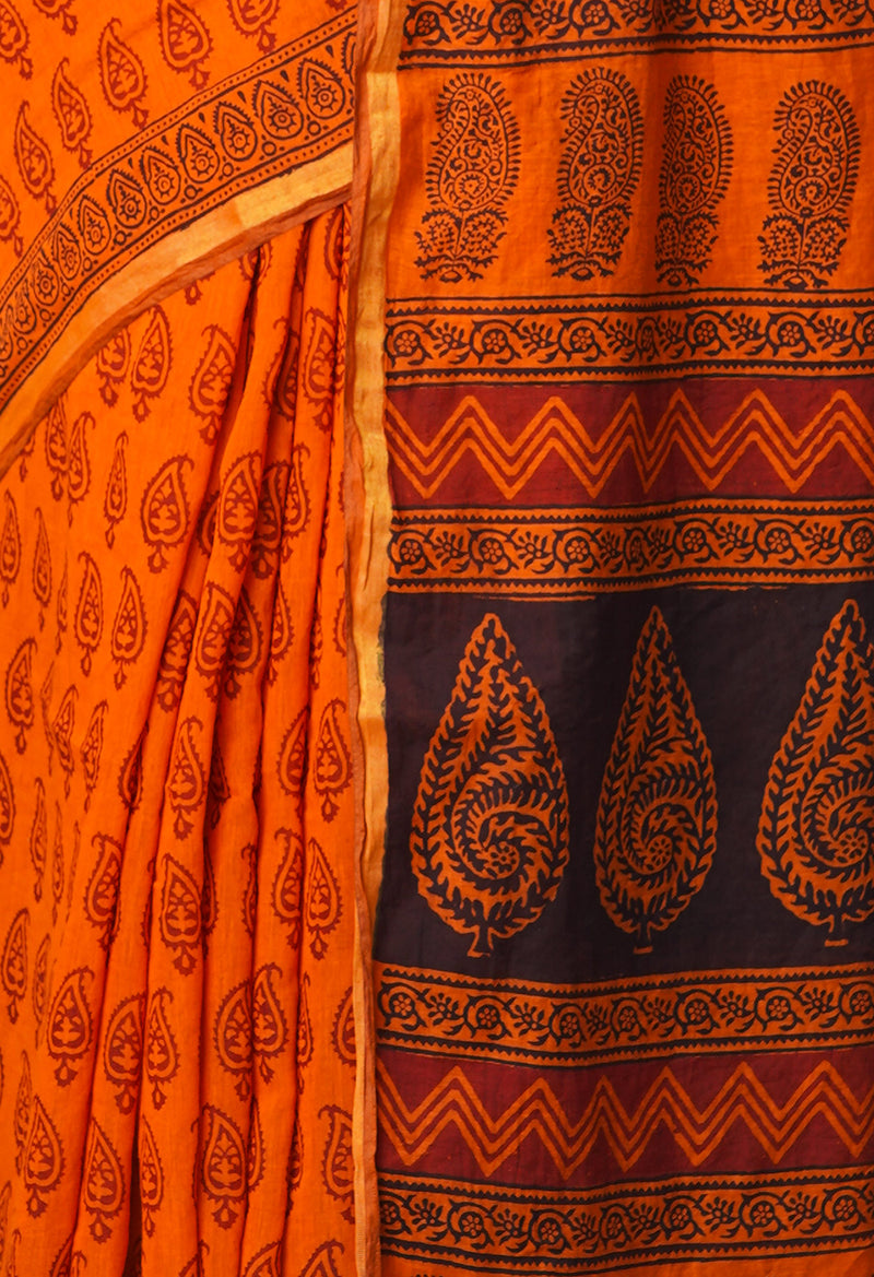 Orange  Art Chanderi Bagh Printed Cotton Saree-UNM66775