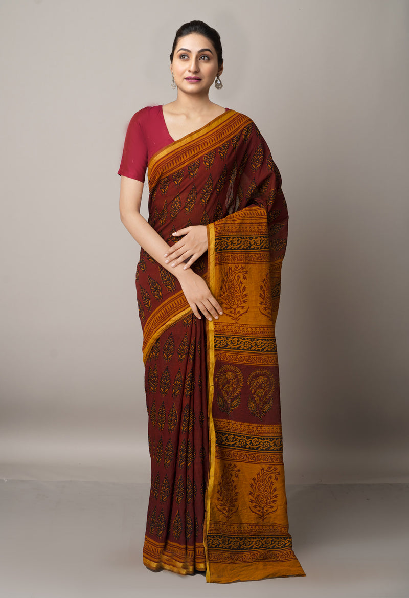 Brown  Art Chanderi Bagh Printed Cotton Saree-UNM66761