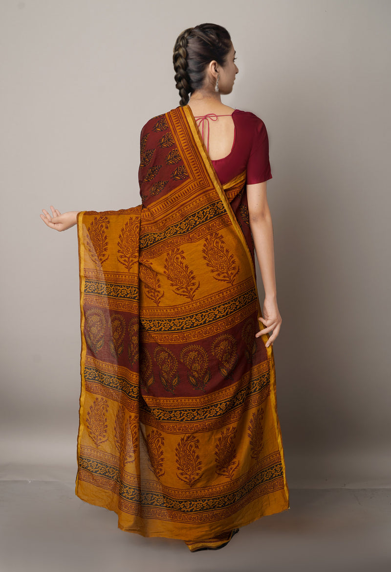 Brown  Art Chanderi Bagh Printed Cotton Saree-UNM66761
