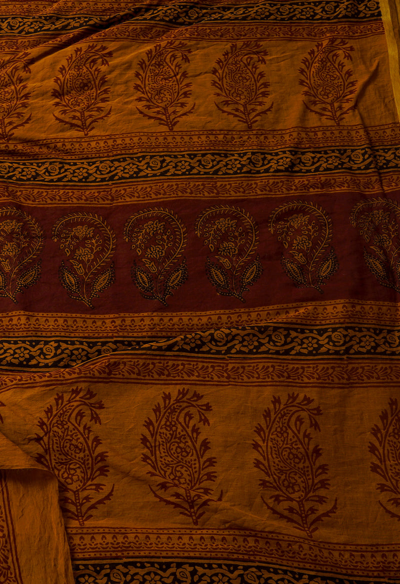 Brown  Art Chanderi Bagh Printed Cotton Saree-UNM66761