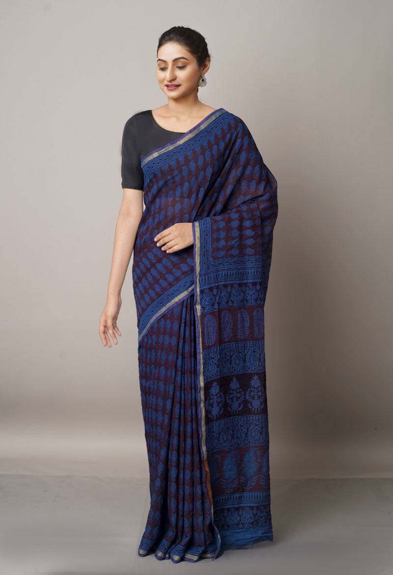 Navy Blue  Art Chanderi Bagh Printed Cotton Saree-UNM66763