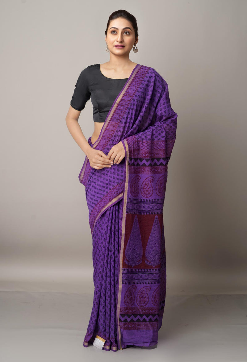 Purple  Art Chanderi Bagh Printed Cotton Saree-UNM66765