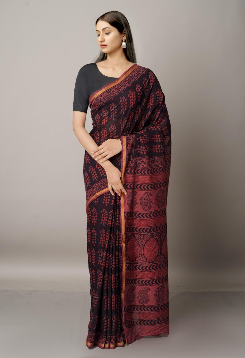 Burgundy  Art Chanderi Bagh Printed Cotton Saree-UNM66766
