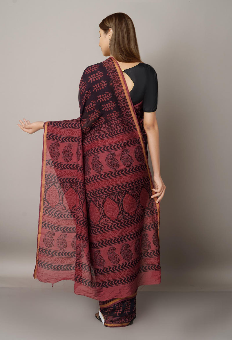 Burgundy  Art Chanderi Bagh Printed Cotton Saree-UNM66766