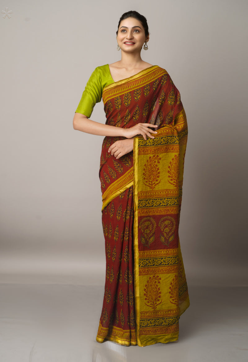 Maroon  Art Chanderi Bagh Printed Cotton Saree-UNM66768