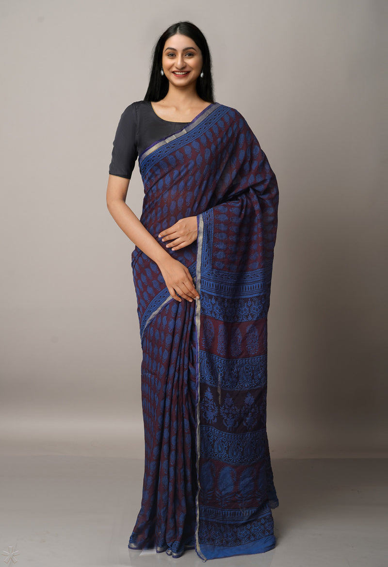 Maroon-Blue  Art Chanderi Bagh Printed Cotton Saree-UNM66772