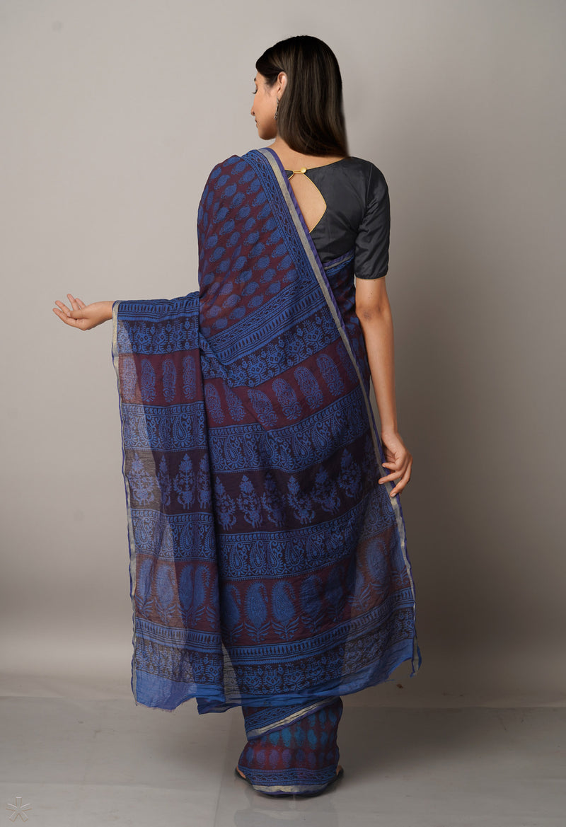 Maroon-Blue  Art Chanderi Bagh Printed Cotton Saree-UNM66772