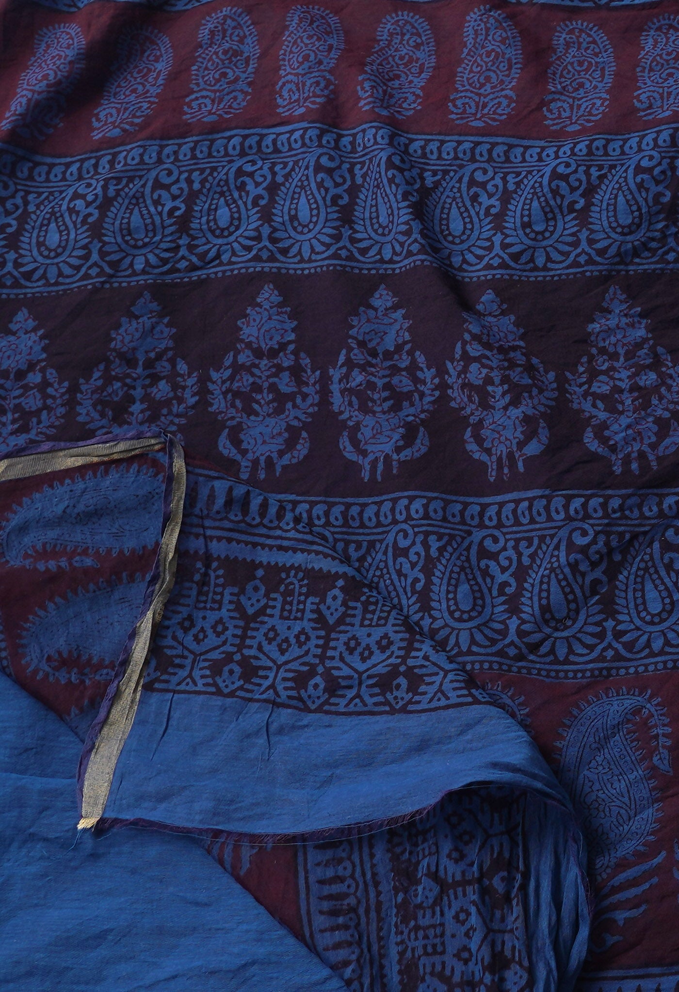 Maroon-Blue  Art Chanderi Bagh Printed Cotton Saree-UNM66772