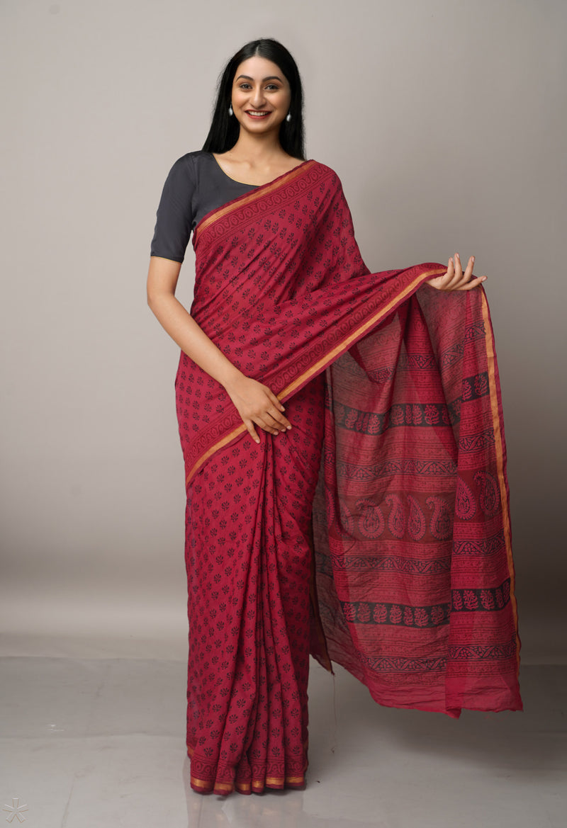 BlackRosewood  Art Chanderi Bagh Printed Cotton Saree-UNM66773