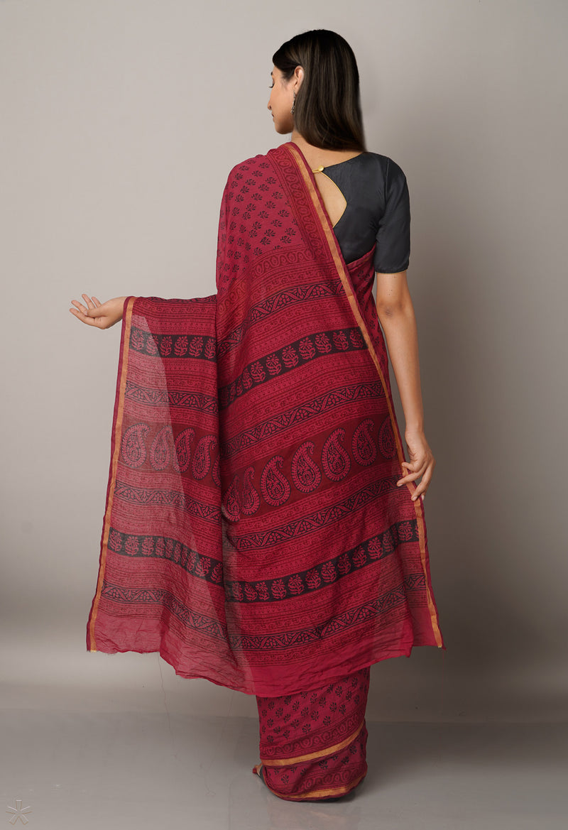 BlackRosewood  Art Chanderi Bagh Printed Cotton Saree-UNM66773