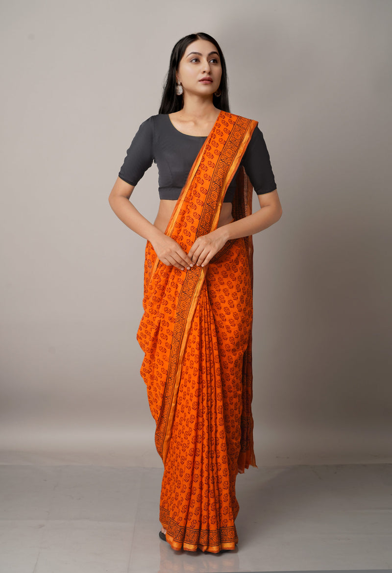 Rust Orange  Art Chanderi Bagh Printed Cotton Saree-UNM66781