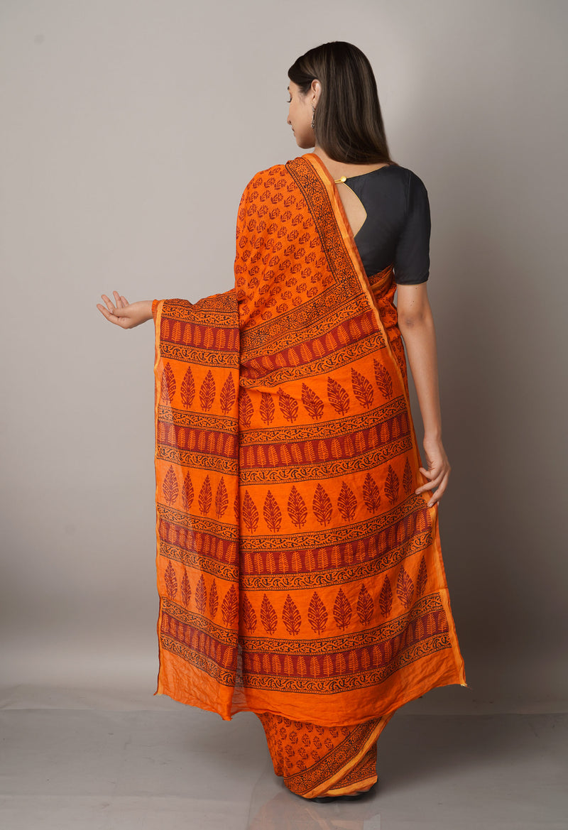 Rust Orange  Art Chanderi Bagh Printed Cotton Saree-UNM66781