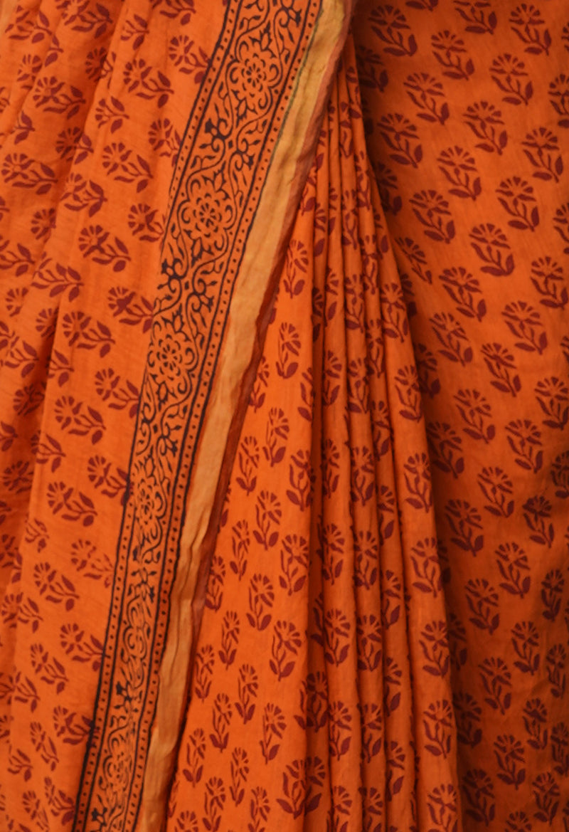 Rust Orange  Art Chanderi Bagh Printed Cotton Saree-UNM66781