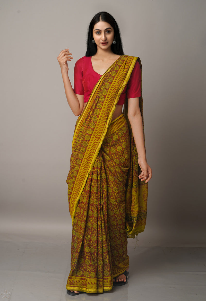 Maroon-Green  Art Chanderi Bagh Printed Cotton Saree-UNM66787
