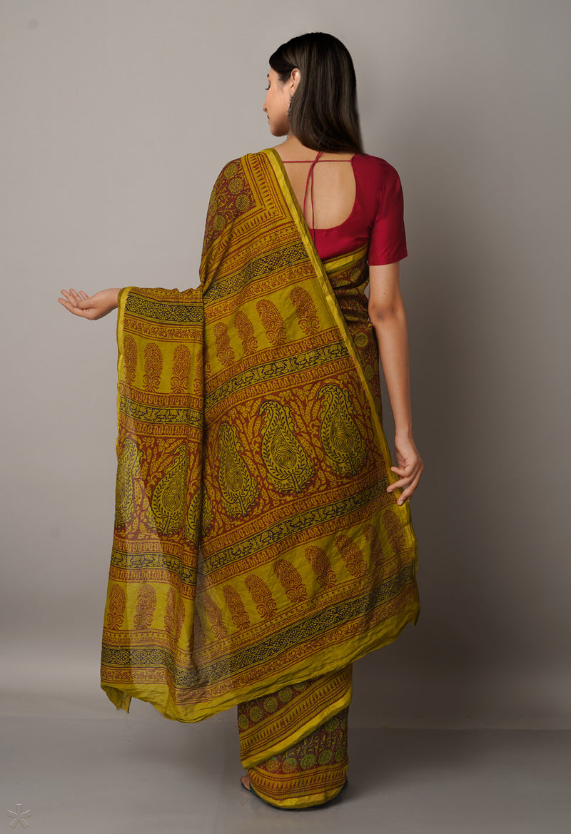 Maroon-Green  Art Chanderi Bagh Printed Cotton Saree-UNM66787
