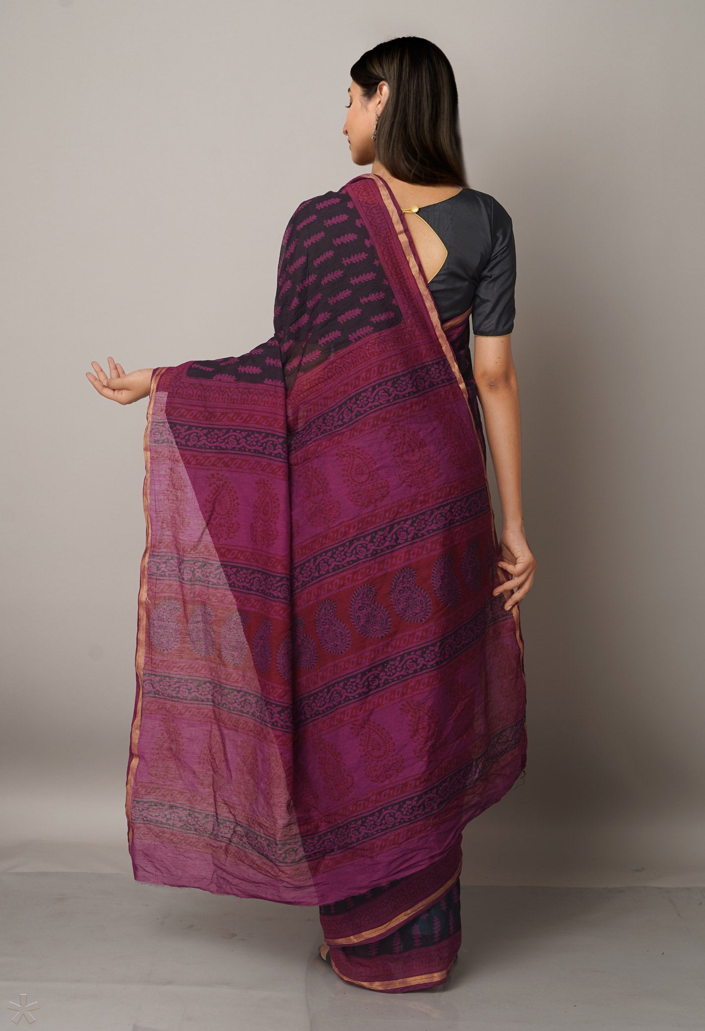 Black-Purple  Art Chanderi Bagh Printed Cotton Saree-UNM66790