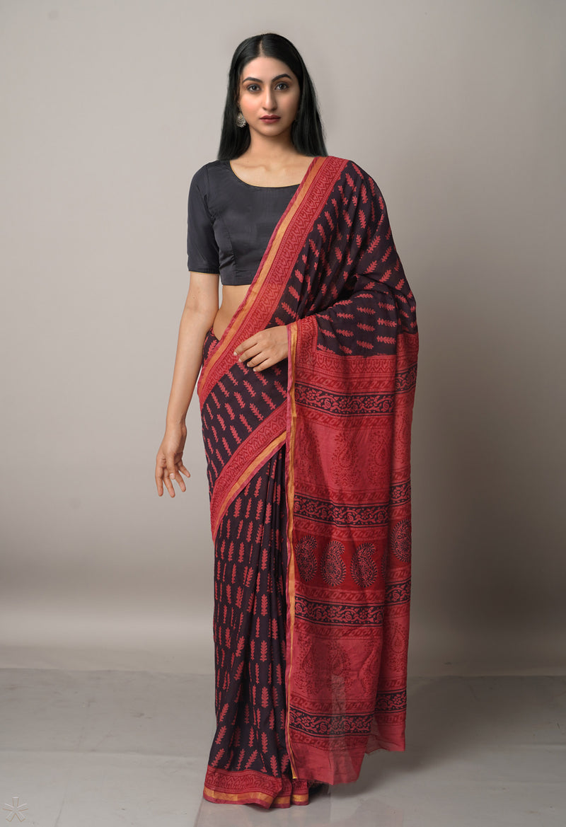 BlackMaroon  Art Chanderi Bagh Printed Cotton Saree-UNM66791