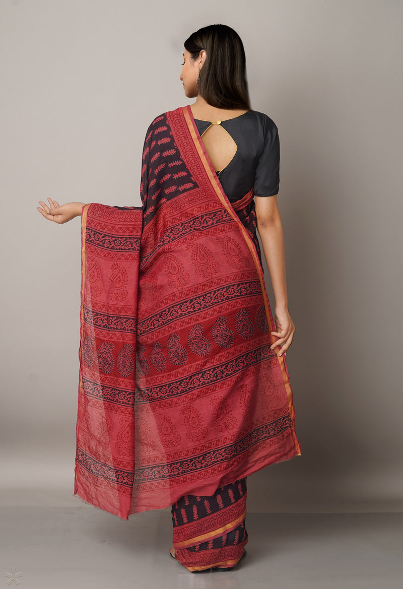 BlackMaroon  Art Chanderi Bagh Printed Cotton Saree-UNM66791