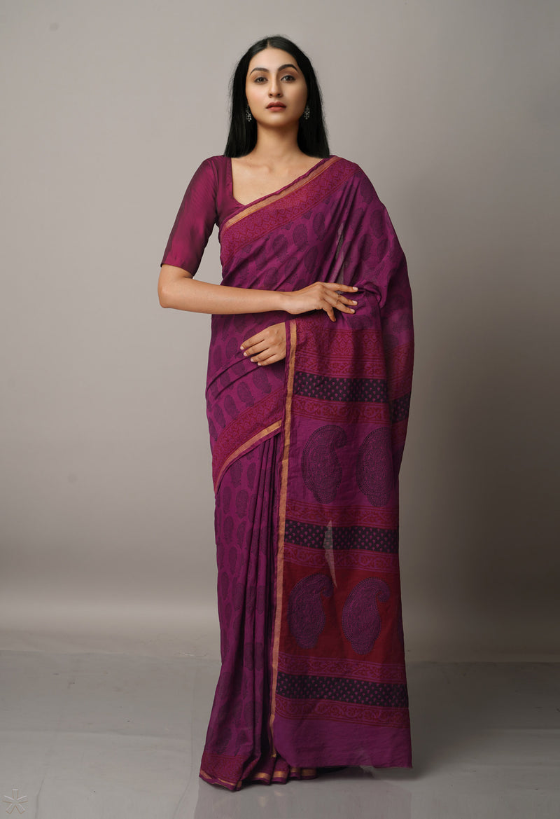 Purple  Art Chanderi Bagh Printed Cotton Saree-UNM66793