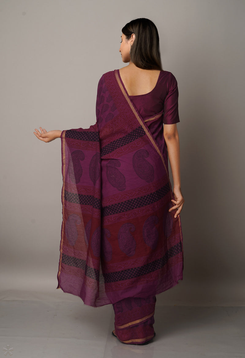 Purple  Art Chanderi Bagh Printed Cotton Saree-UNM66793