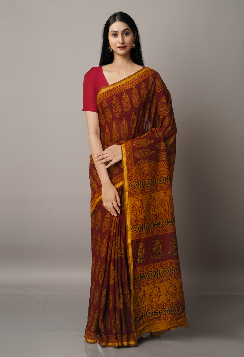 Maroon  Art Chanderi Bagh Printed Cotton Saree-UNM66796