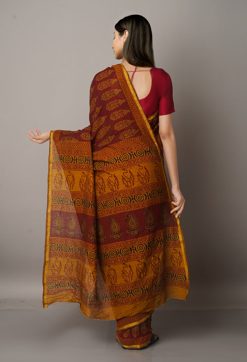 Maroon  Art Chanderi Bagh Printed Cotton Saree-UNM66796