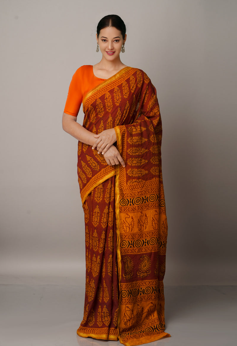 Maroon-Orange  Art Chanderi Bagh Printed Cotton Saree-UNM66797