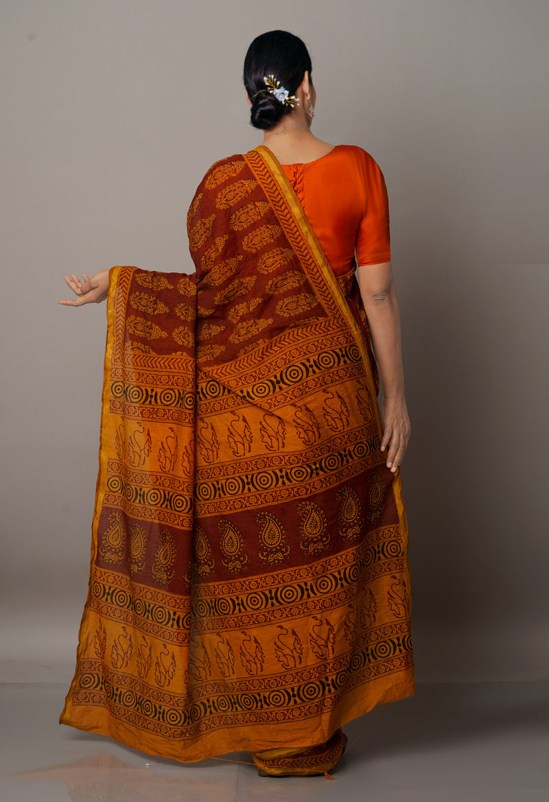 Maroon-Orange  Art Chanderi Bagh Printed Cotton Saree-UNM66797