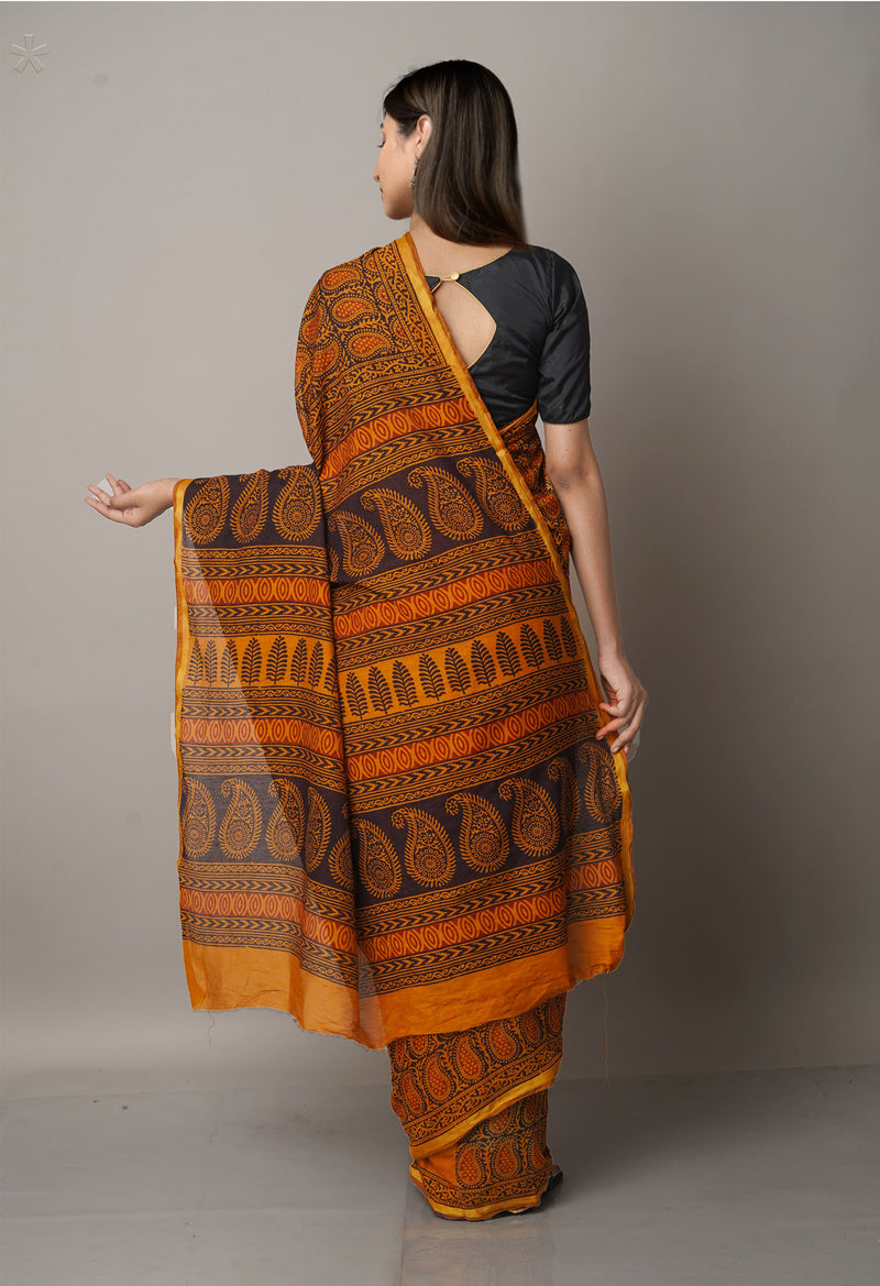 Brown  Art Chanderi Bagh Printed Cotton Saree-UNM66801