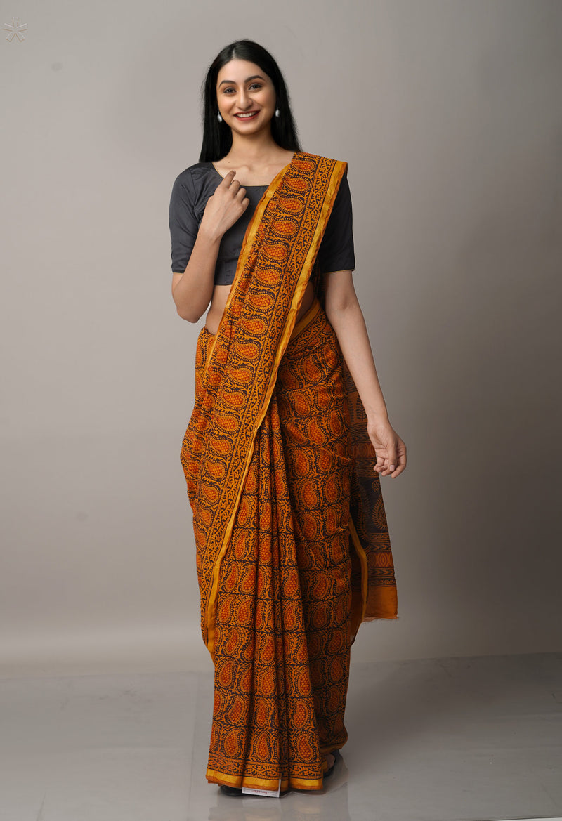 Brown  Art Chanderi Bagh Printed Cotton Saree-UNM66801