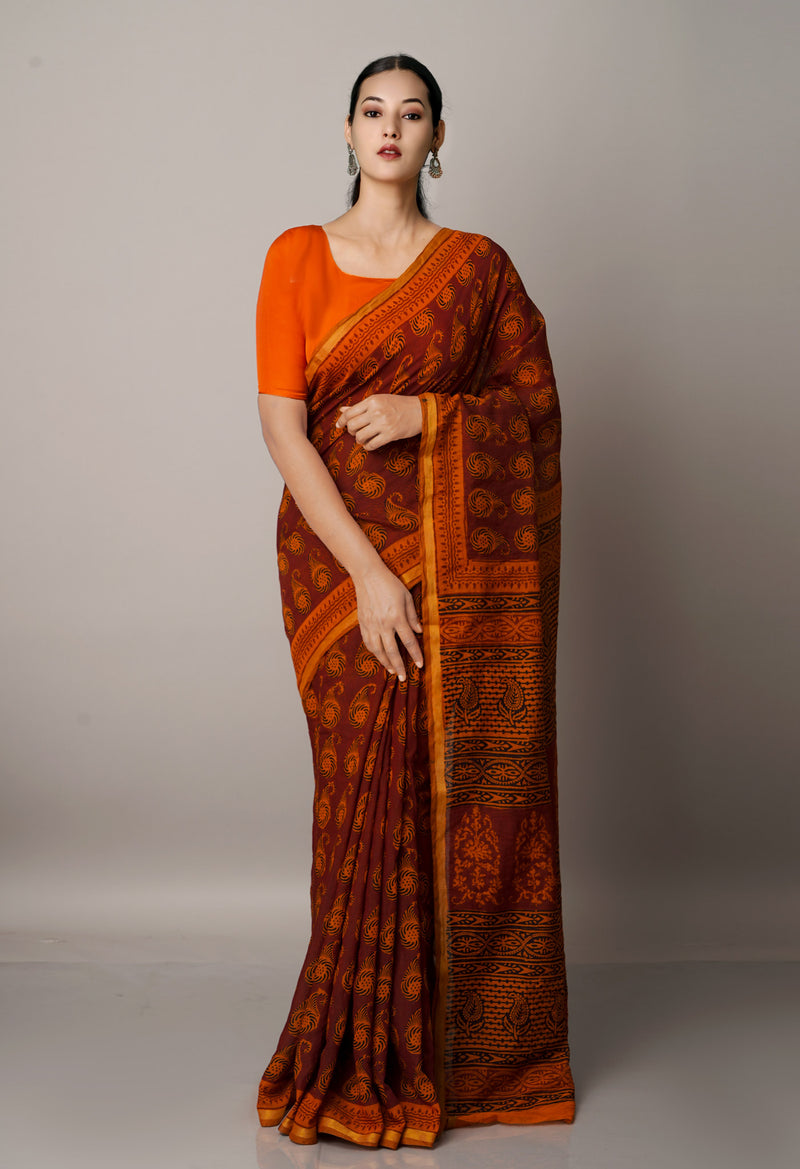 Maroon-Orange  Art Chanderi Bagh Printed Cotton Saree-UNM66803