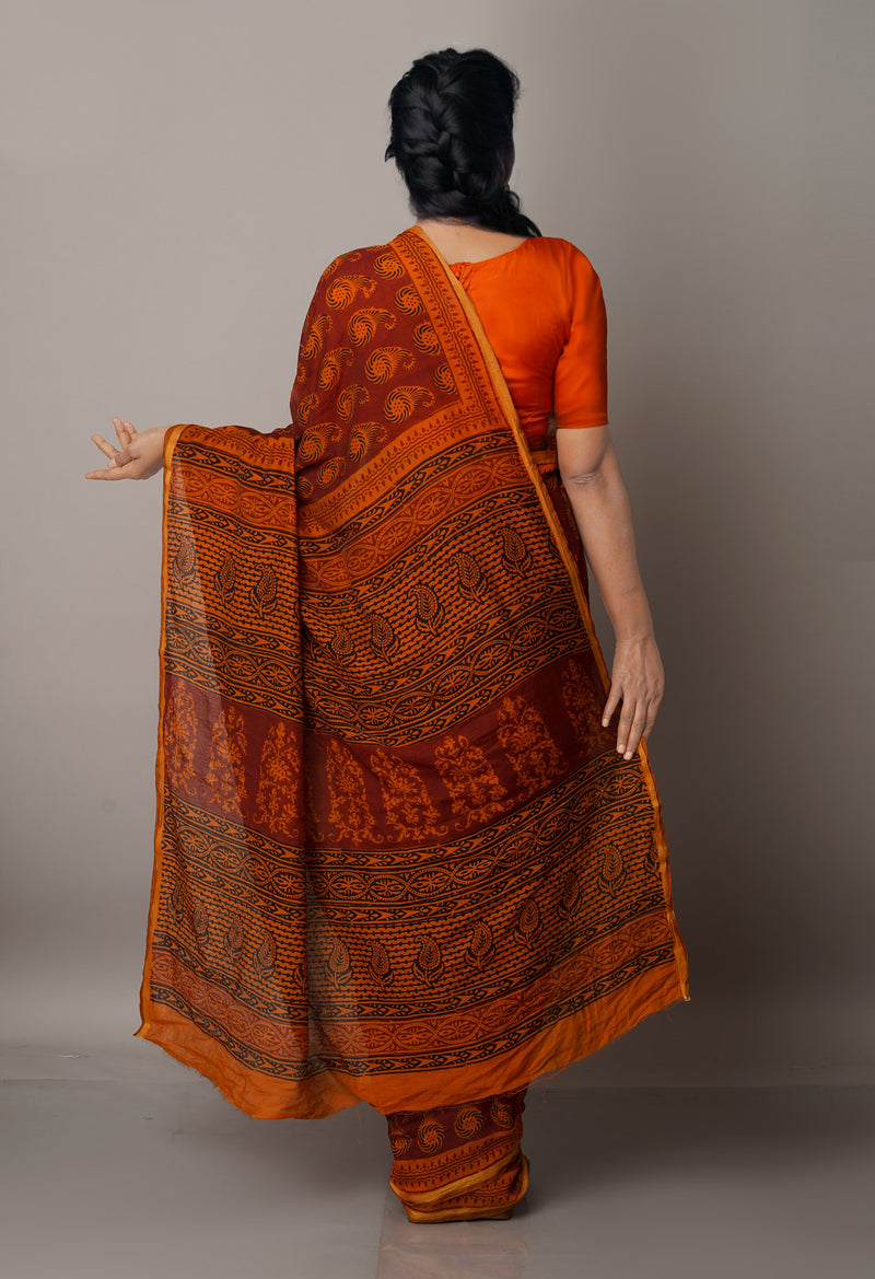 Maroon-Orange  Art Chanderi Bagh Printed Cotton Saree-UNM66803