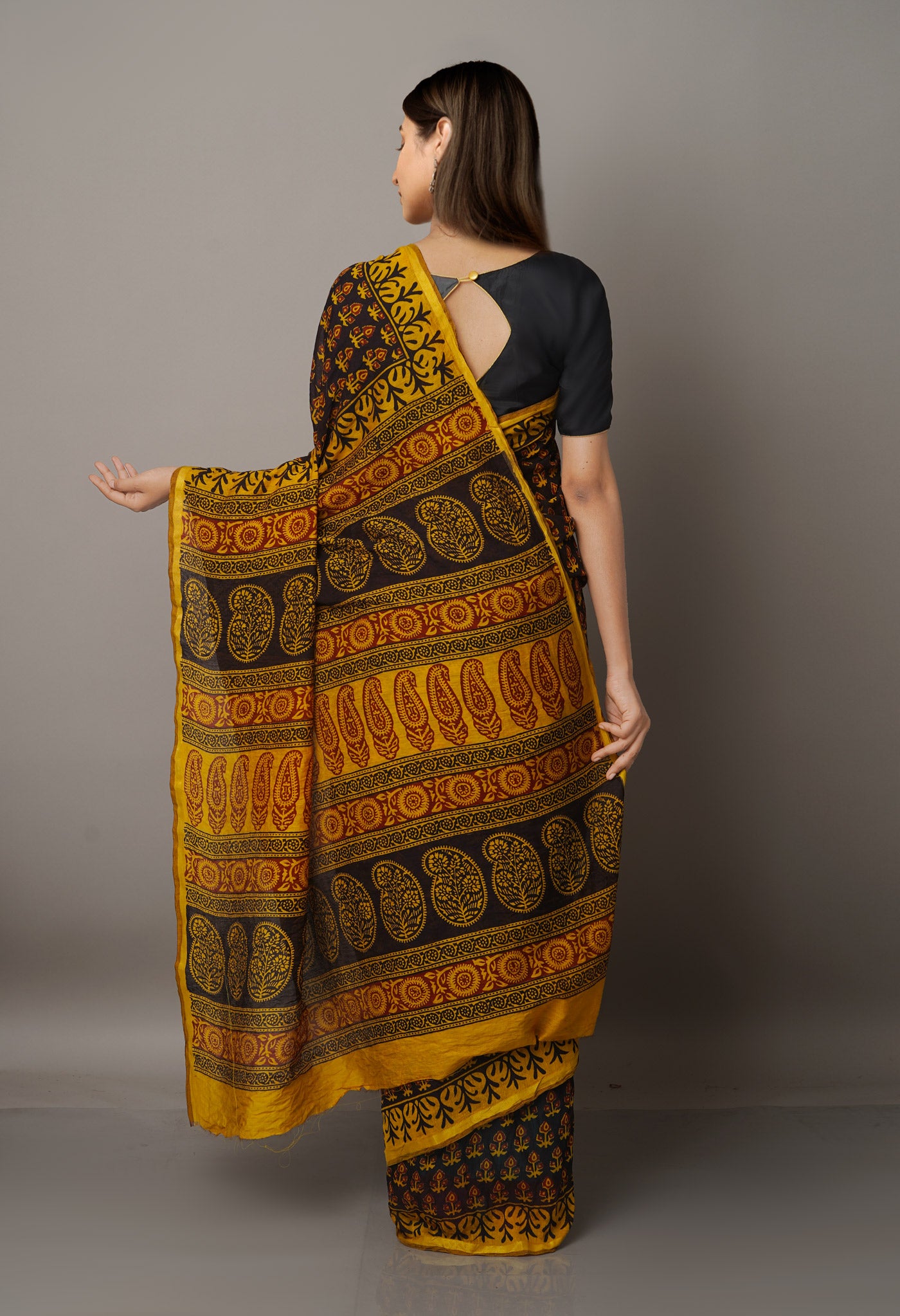 Black-Yellow  Art Chanderi Bagh Printed Cotton Saree-UNM66806