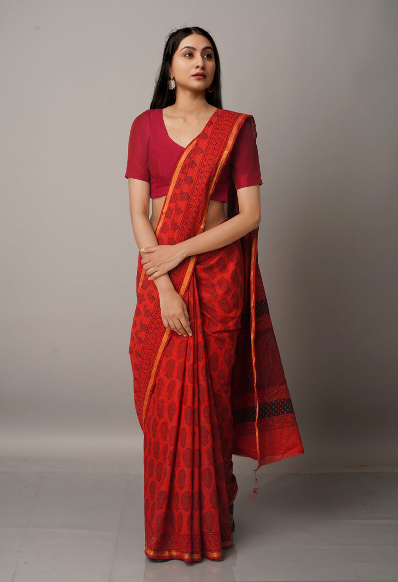 Red  Art Chanderi Bagh Printed Cotton Saree-UNM66813