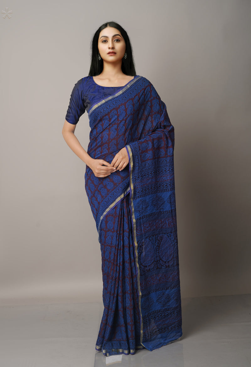 Blue  Art Chanderi Bagh Printed Cotton Saree-UNM66814