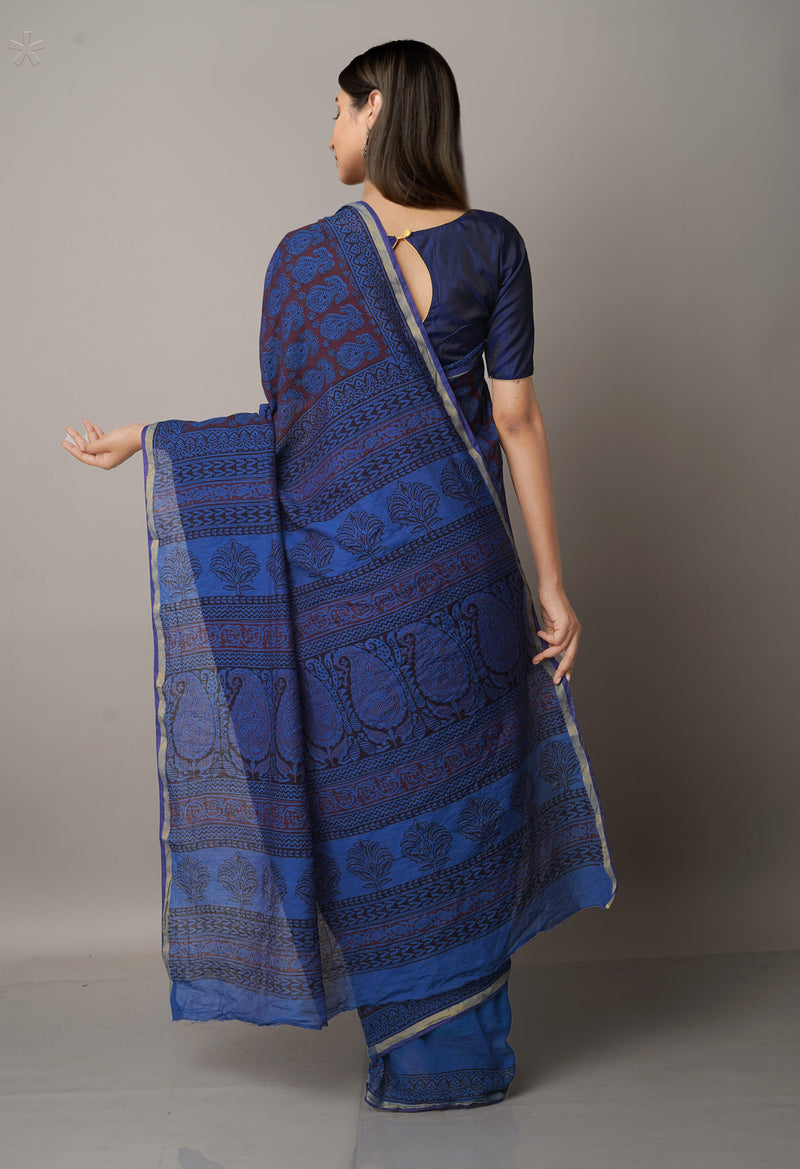 Blue  Art Chanderi Bagh Printed Cotton Saree-UNM66814