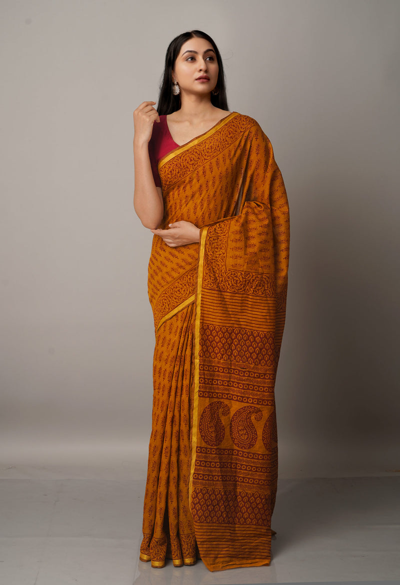 Rust Orange  Art Chanderi Bagh Printed Cotton Saree-UNM66815