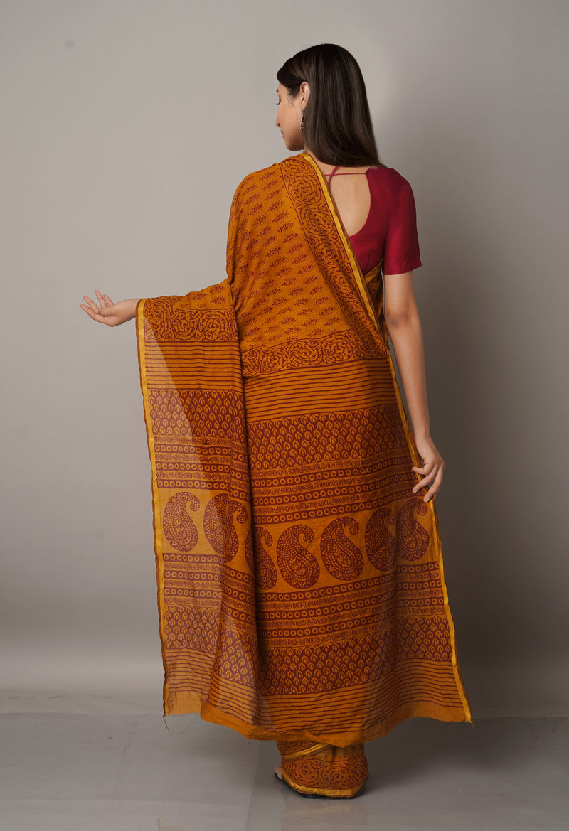 Rust Orange  Art Chanderi Bagh Printed Cotton Saree-UNM66815