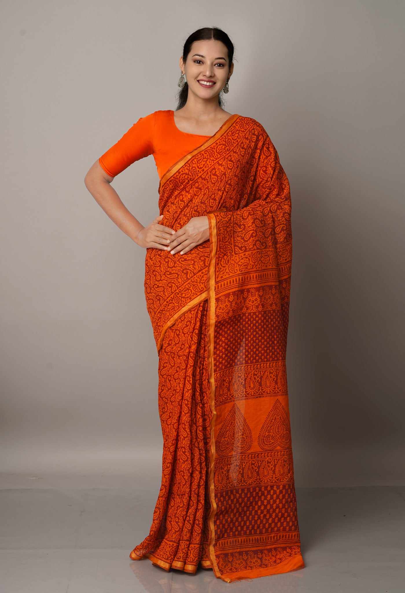 Orange  Art Chanderi Bagh Printed Cotton Saree-UNM66816