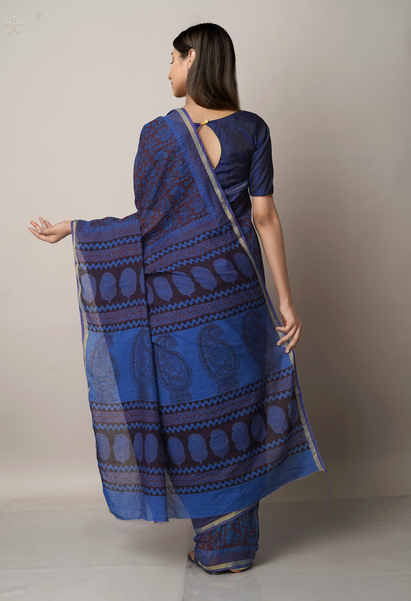 Blue  Art Chanderi Bagh Printed Cotton Saree-UNM66818