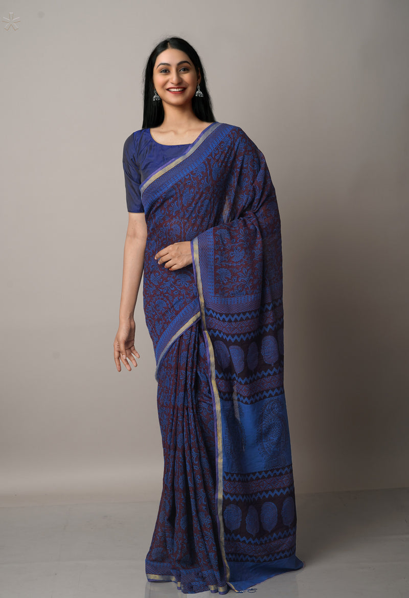 Blue  Art Chanderi Bagh Printed Cotton Saree-UNM66818