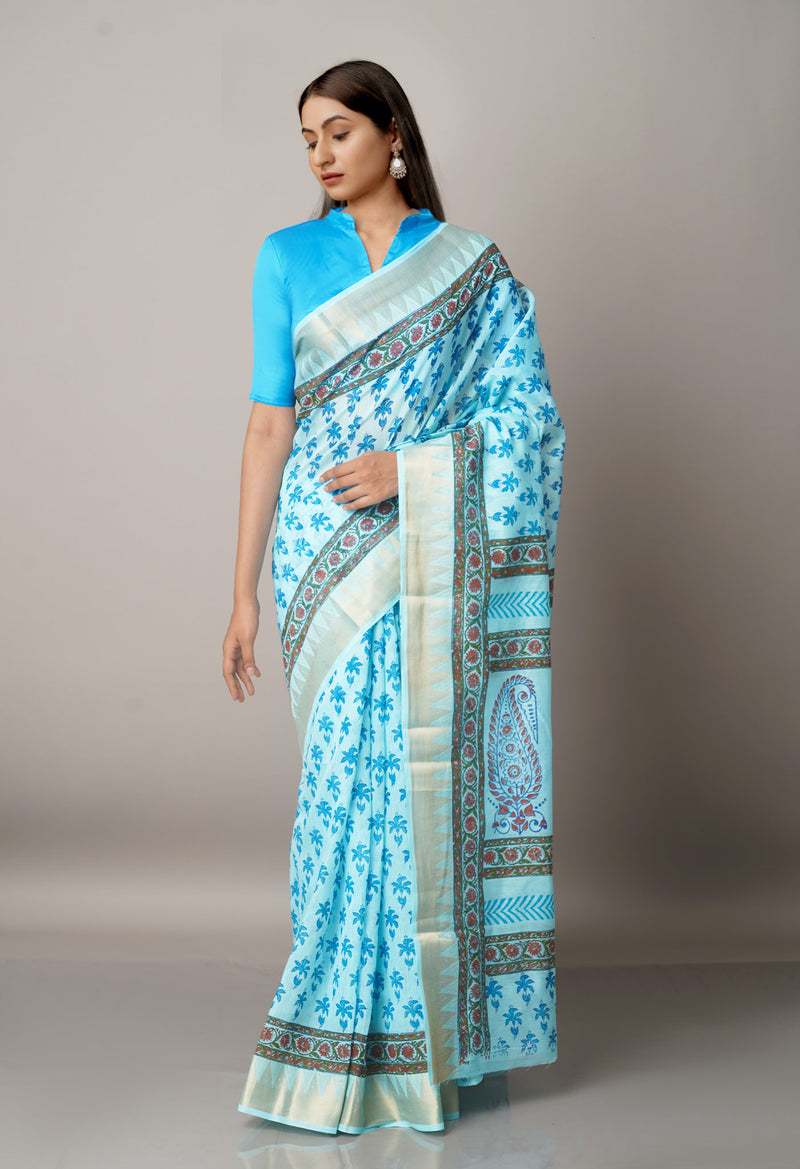 Blue Pure Block Printed Chanderi Cotton Saree With Kalamkari Blouse Piece-UNM66819